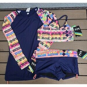 TYR Women's Coral/Navy Boca Chicka Rashguard W/ Racerback & Boyshorts Sz M NEW